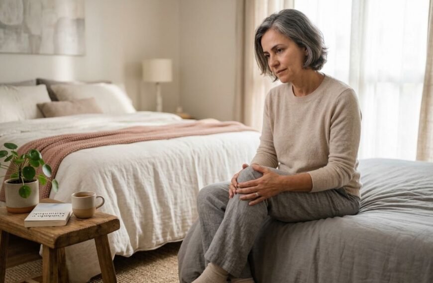 Mulher 50+ massageando o joelho em casa por dor articular na menopausa.