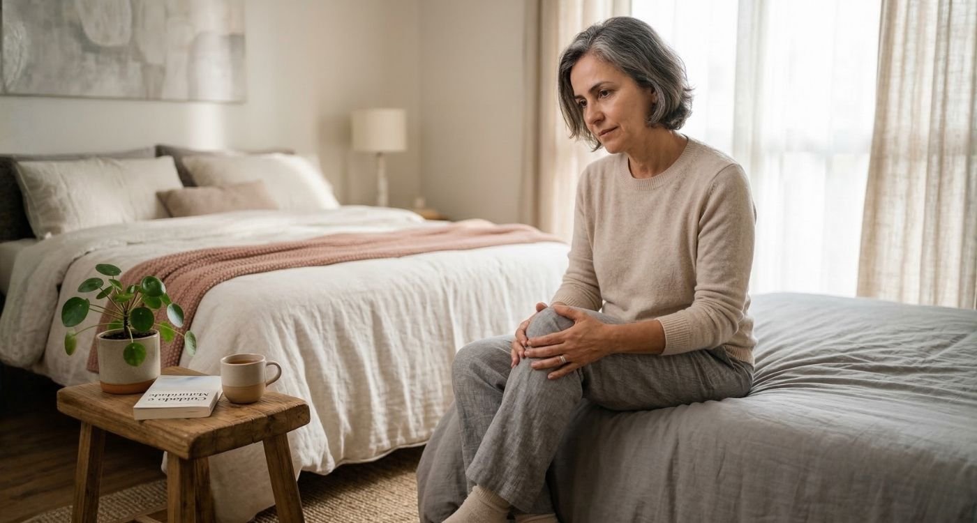 Mulher 50+ massageando o joelho em casa por dor articular na menopausa.