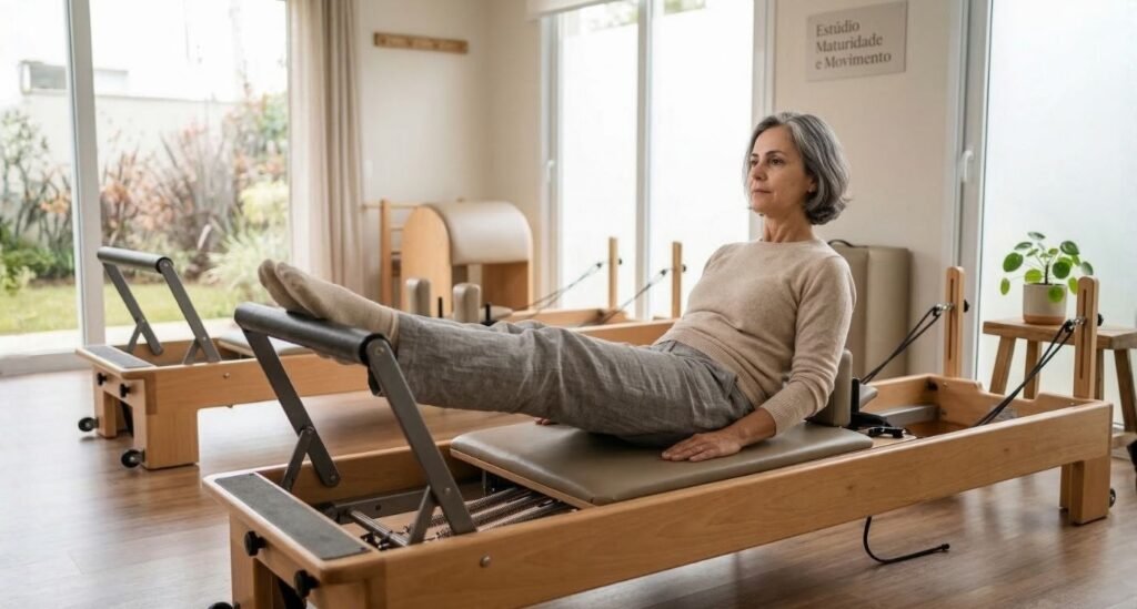 Mulher 50+ fazendo exercícios leves de pilates com aparelhos para melhorar a dor articular na menopausa.