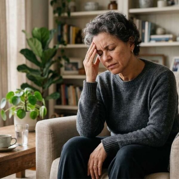 mulher 45+ em ambiente doméstico com expressão de desconforto, mão na cabeça, representando enxaqueca na menopausa