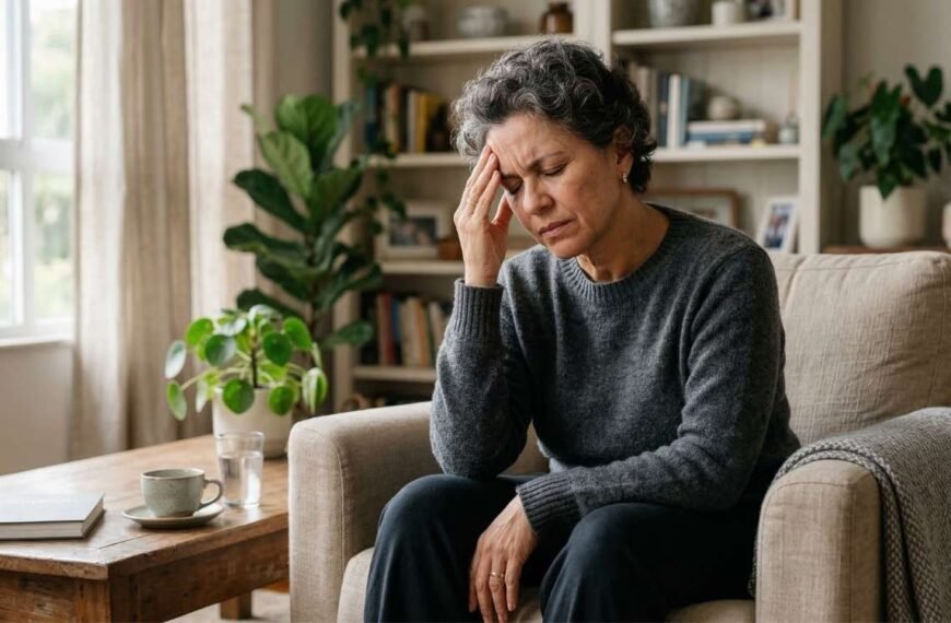 mulher 45+ em ambiente doméstico com expressão de desconforto, mão na cabeça, representando enxaqueca na menopausa