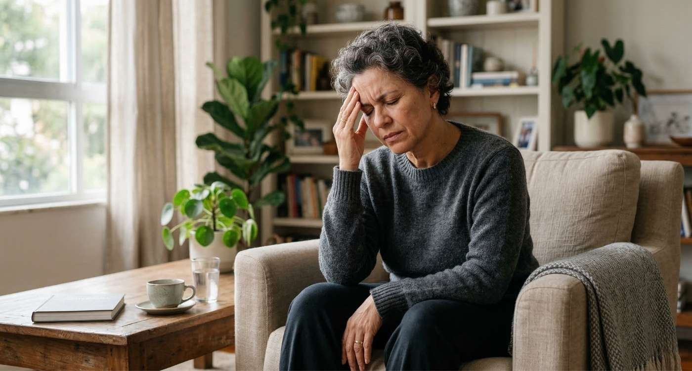 mulher 45+ em ambiente doméstico com expressão de desconforto, mão na cabeça, representando enxaqueca na menopausa