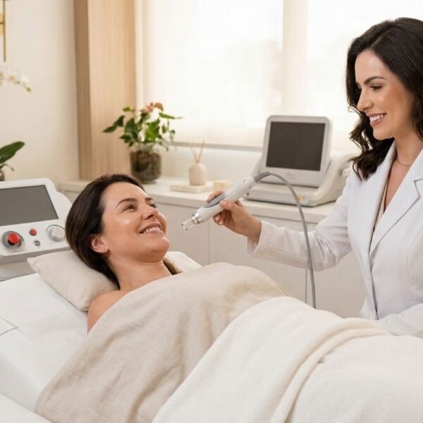 mulher deitada em uma maca em um consultório de estética e autocuidado após os 40, sendo atendida por uma médica com um equipamento inovador