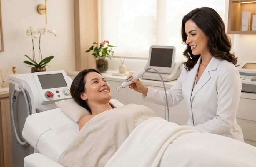 mulher deitada em uma maca em um consultório de estética e autocuidado após os 40, sendo atendida por uma médica com um equipamento inovador