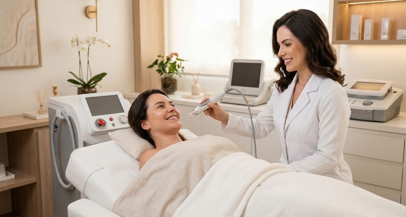 mulher deitada em uma maca em um consultório de estética e autocuidado após os 40, sendo atendida por uma médica com um equipamento inovador