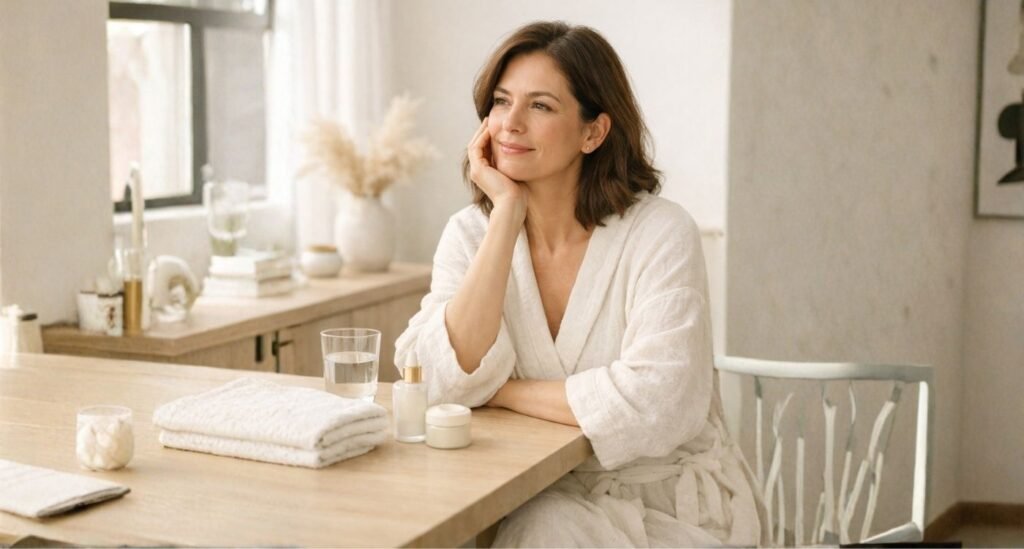 mulher alegre e serena sentada em uma cadeira e em frente a uma mesa, pensa em como é impostante a estética e autocuidado após os 40