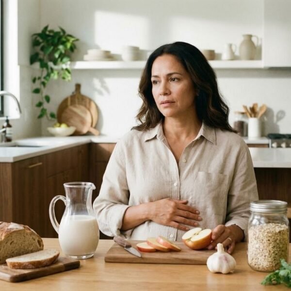 Mulher madura com expressão de desconforto digestivo na cozinha, segurando a barriga perto de alimentos variados como pão e maçã, ilustrando os desafios intestinais e a relação com a dieta fodmap na menopausa