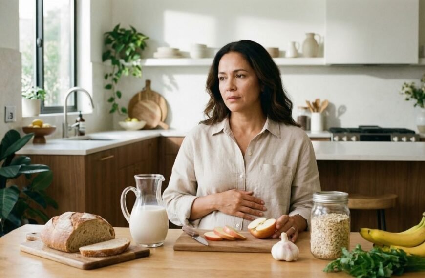Mulher madura com expressão de desconforto digestivo na cozinha, segurando a barriga perto de alimentos variados como pão e maçã, ilustrando os desafios intestinais e a relação com a dieta fodmap na menopausa