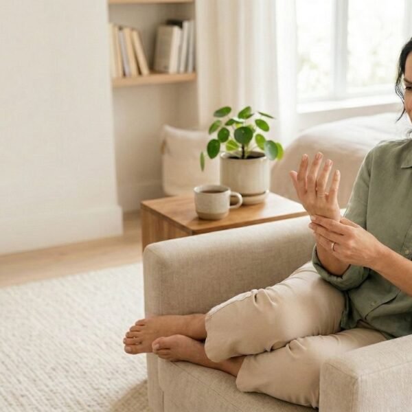 Uma mulher de meia-idade sentada em uma poltrona segurando a mão esquerda com uma expressão de dor e desconforto, lidando com um sintoma comum como formigamento na menopausa.