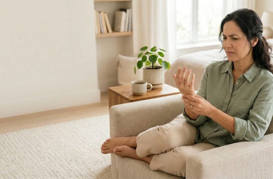 Uma mulher de meia-idade sentada em uma poltrona segurando a mão esquerda com uma expressão de dor e desconforto, lidando com um sintoma comum como formigamento na menopausa.