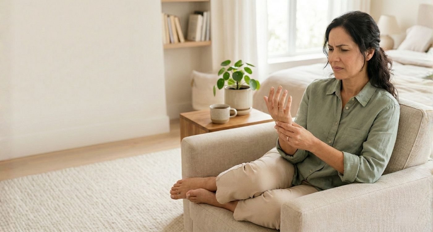 Uma mulher de meia-idade sentada em uma poltrona segurando a mão esquerda com uma expressão de dor e desconforto, lidando com um sintoma comum como formigamento na menopausa.