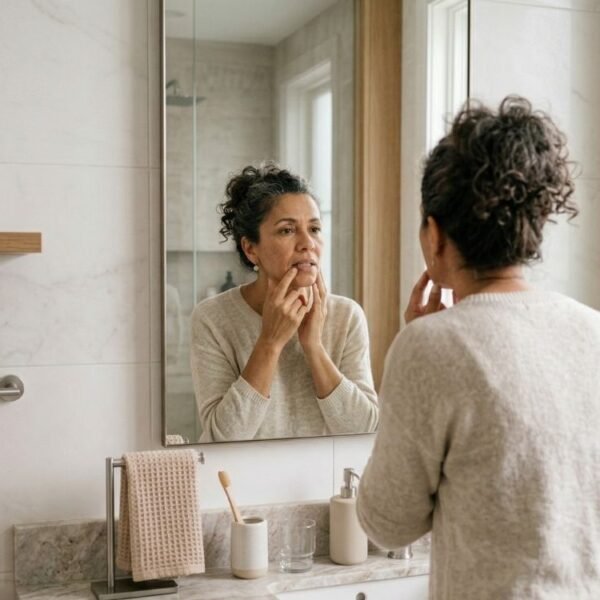 Mulher 50+ diante do espelho observando a gengiva, representando gengiva sangrando na menopausa em contexto acolhedor e realista.