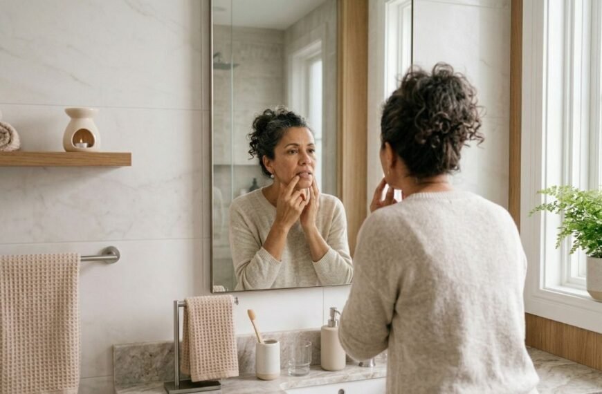 Mulher 50+ diante do espelho observando a gengiva, representando gengiva sangrando na menopausa em contexto acolhedor e realista.