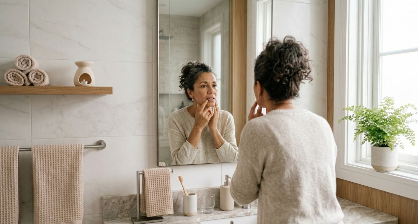 Mulher 50+ diante do espelho observando a gengiva, representando gengiva sangrando na menopausa em contexto acolhedor e realista.