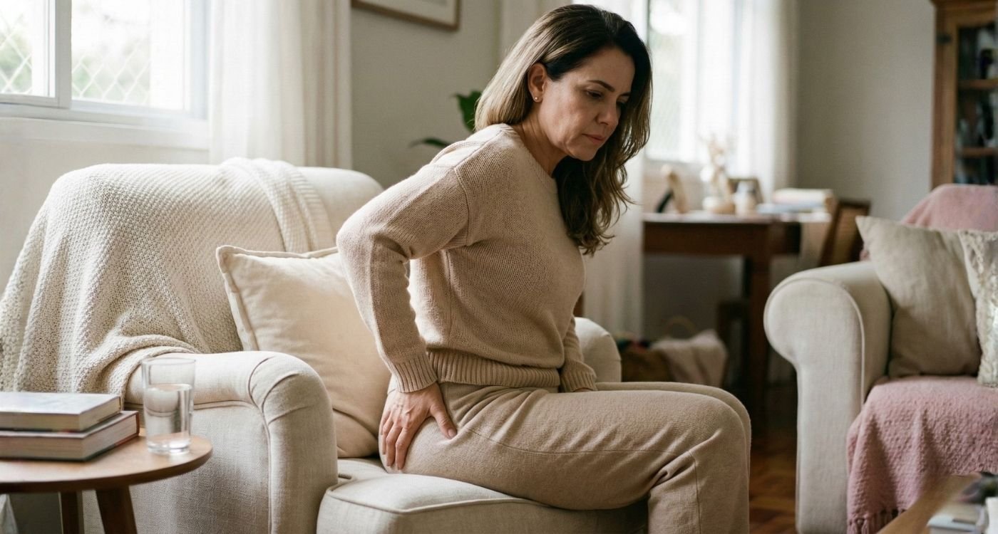 Mulher de 45 a 55 anos sentada em casa com expressão discreta de desconforto, representando hemorroidas na menopausa e cuidados com a saúde íntima e intestinal.