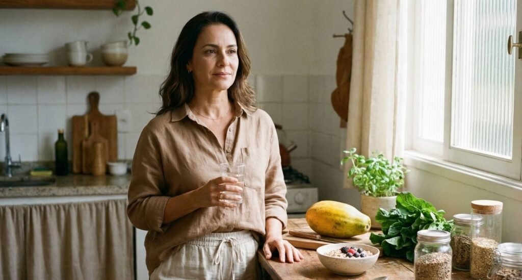 Mulher brasileira de meia-idade em uma cozinha clara e acolhedora segura um copo de água enquanto está diante de uma bancada com mamão, aveia, frutas, vegetais e sementes, representando hábitos saudáveis de alimentação e hidratação que ajudam no alívio de hemorroidas na menopausa. A cena transmite autocuidado, rotina equilibrada e bem-estar em um ambiente doméstico iluminado por luz natural.