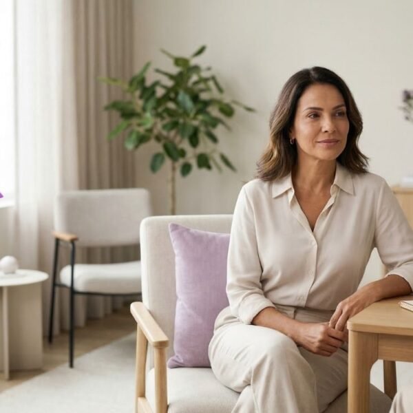 Mulher 40+ em consulta ginecológica acolhedora durante atendimento preventivo no Março Lilás