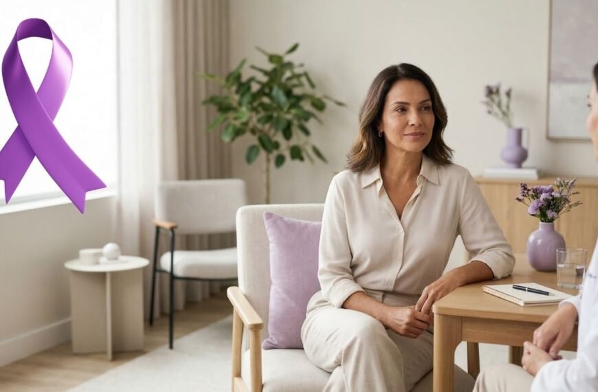 Mulher 40+ em consulta ginecológica acolhedora durante atendimento preventivo no Março Lilás