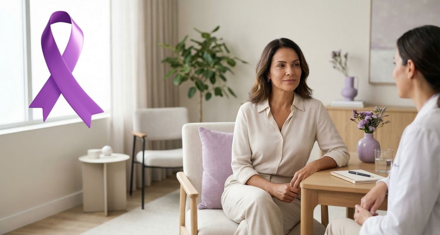 Mulher 40+ em consulta ginecológica acolhedora durante atendimento preventivo no Março Lilás