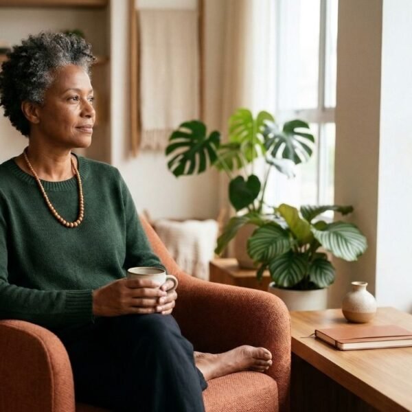 Mulher negra 40+ em expressão serena e confiante, representando menopausa e racismo com foco em acolhimento, saúde e escuta no climatério.