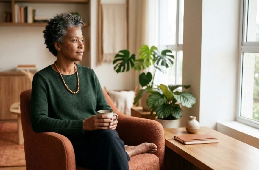 Mulher negra 40+ em expressão serena e confiante, representando menopausa e racismo com foco em acolhimento, saúde e escuta no climatério.