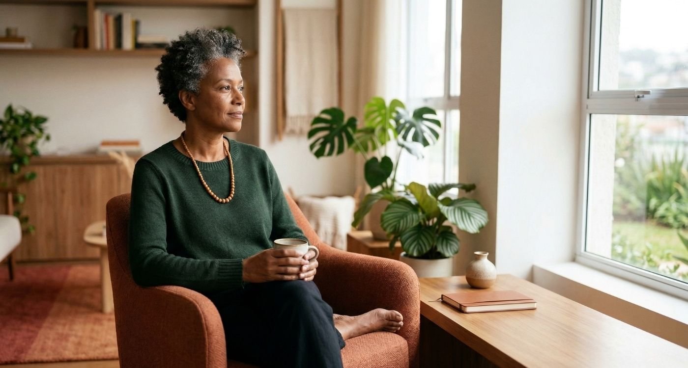 Mulher negra 40+ em expressão serena e confiante, representando menopausa e racismo com foco em acolhimento, saúde e escuta no climatério.
