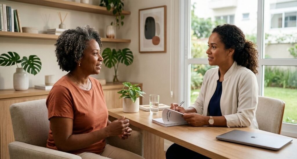 Consulta acolhedora entre profissional de saúde e paciente negra 40+, ilustrando menopausa e racismo, escuta qualificada e acesso ao cuidado.