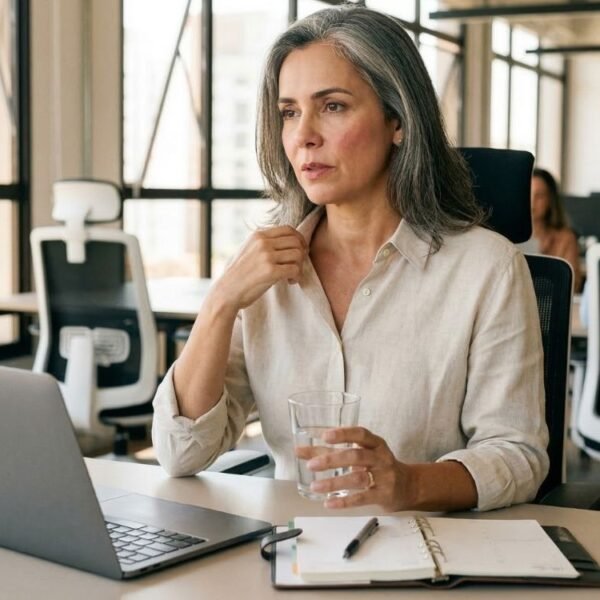 Uma mulher de cabelos grisalhos sentada em uma mesa de escritório, segurando um copo de água e puxando a gola da camisa com expressão de calor e desconforto, ilustrando os desafios da menopausa no trabalho.