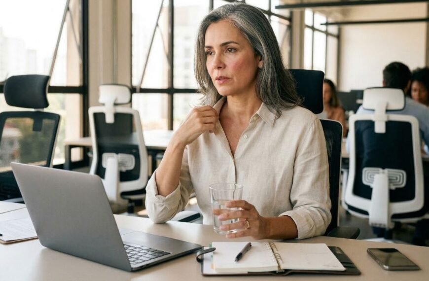 Uma mulher de cabelos grisalhos sentada em uma mesa de escritório, segurando um copo de água e puxando a gola da camisa com expressão de calor e desconforto, ilustrando os desafios da menopausa no trabalho.