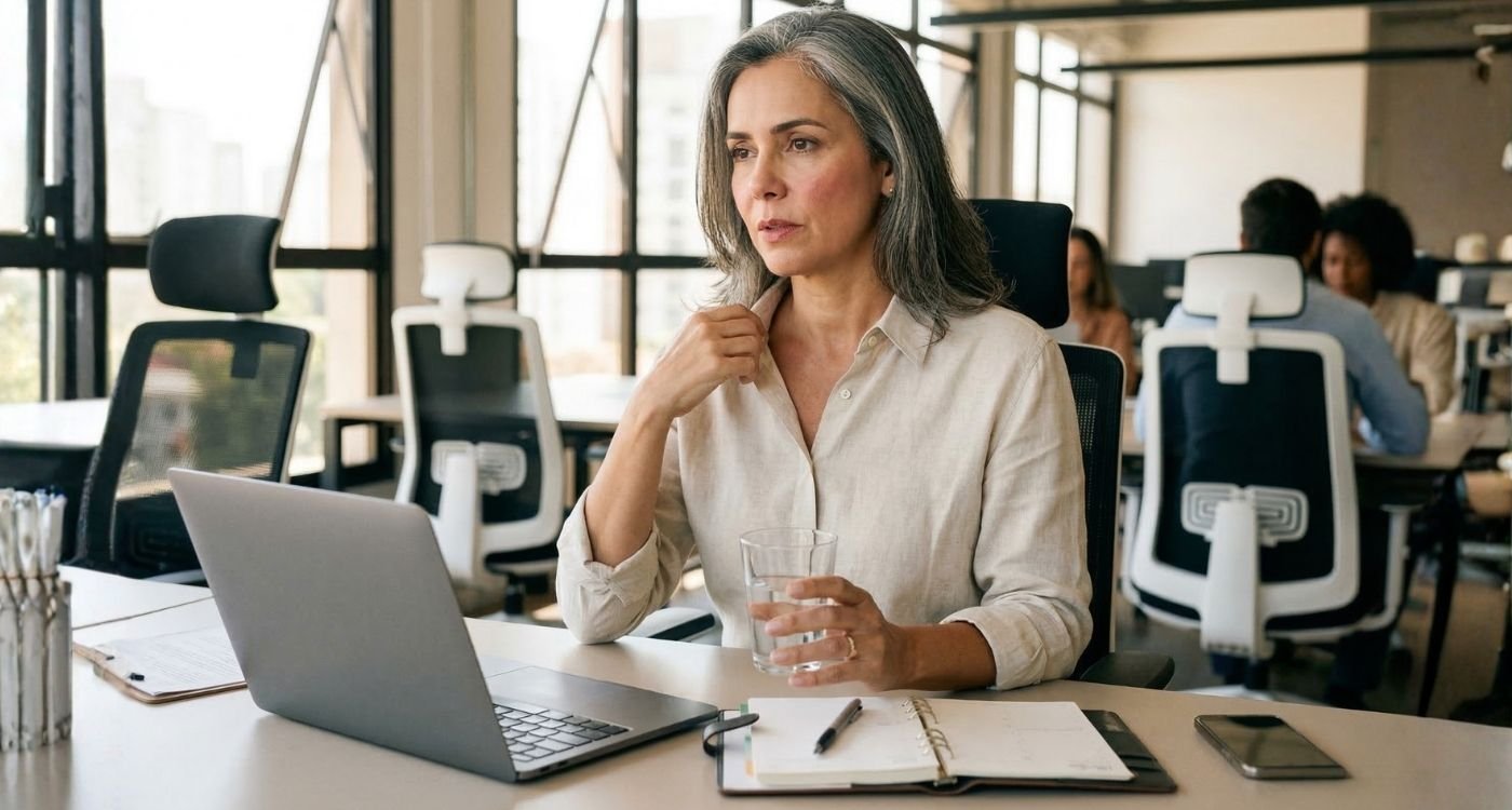 Uma mulher de cabelos grisalhos sentada em uma mesa de escritório, segurando um copo de água e puxando a gola da camisa com expressão de calor e desconforto, ilustrando os desafios da menopausa no trabalho.