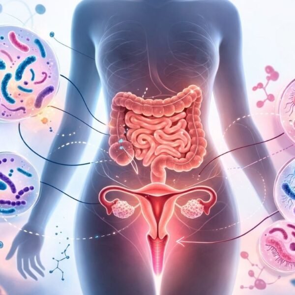Ilustração médica em formato horizontal mostrando silhueta de corpo feminino em fundo claro, com intestino e sistema reprodutor destacados em vermelho no centro da imagem. Ao redor do corpo, balões ampliados exibem diferentes bactérias representando o microbioma intestinal e vaginal, ilustrando a relação do microbioma na menopausa com a saúde digestiva e ginecológica feminina.