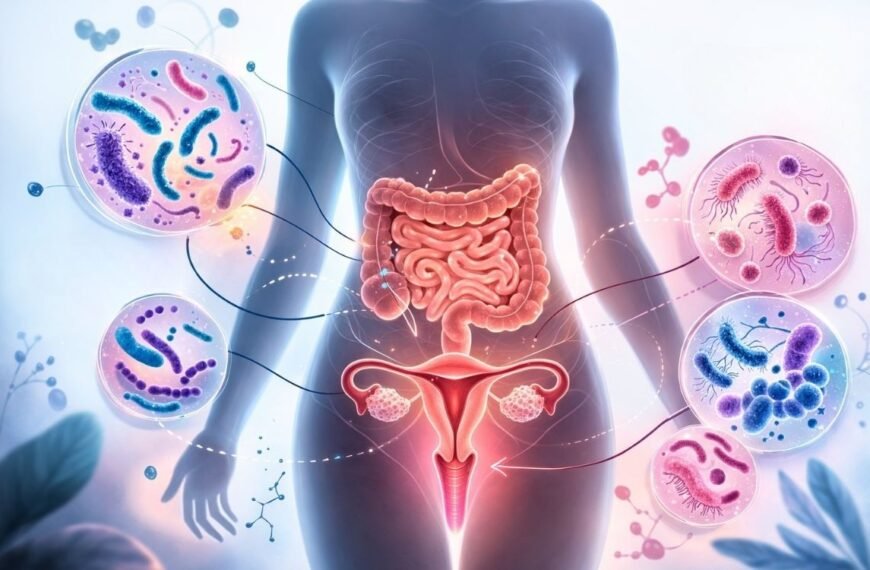Ilustração médica em formato horizontal mostrando silhueta de corpo feminino em fundo claro, com intestino e sistema reprodutor destacados em vermelho no centro da imagem. Ao redor do corpo, balões ampliados exibem diferentes bactérias representando o microbioma intestinal e vaginal, ilustrando a relação do microbioma na menopausa com a saúde digestiva e ginecológica feminina.