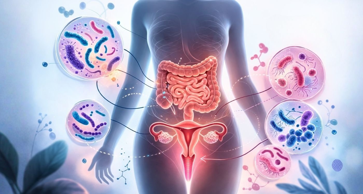 Ilustração médica em formato horizontal mostrando silhueta de corpo feminino em fundo claro, com intestino e sistema reprodutor destacados em vermelho no centro da imagem. Ao redor do corpo, balões ampliados exibem diferentes bactérias representando o microbioma intestinal e vaginal, ilustrando a relação do microbioma na menopausa com a saúde digestiva e ginecológica feminina.