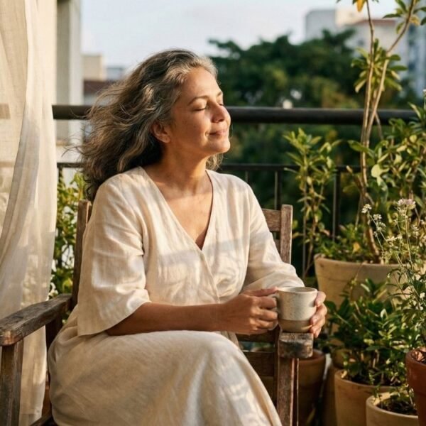 mulher no climatério em momento de contemplação e serenidade, iluminada por luz natural suave, simbolizando respeito, autonomia e reconexão no Dia da Mulher