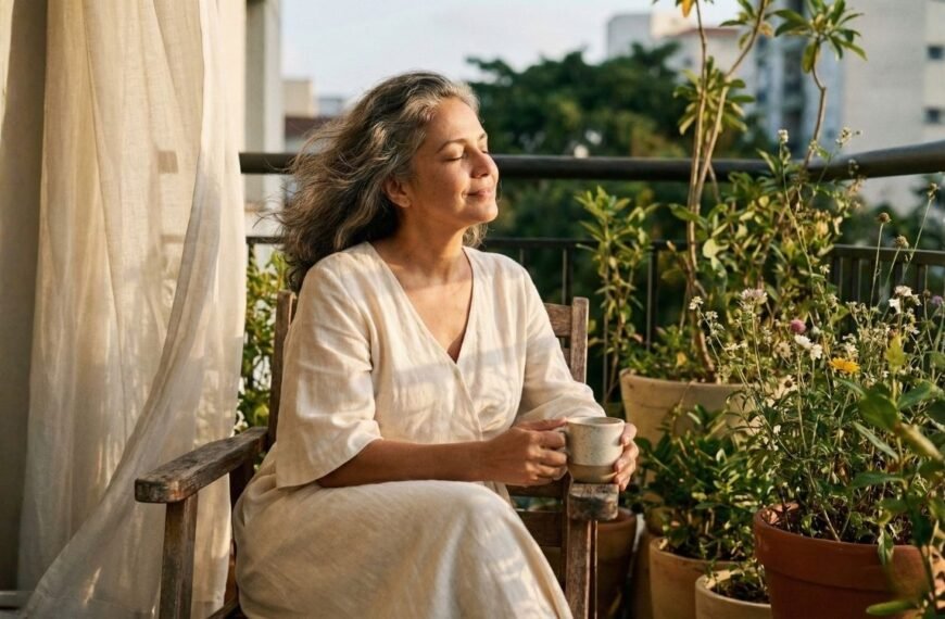 mulher no climatério em momento de contemplação e serenidade, iluminada por luz natural suave, simbolizando respeito, autonomia e reconexão no Dia da Mulher