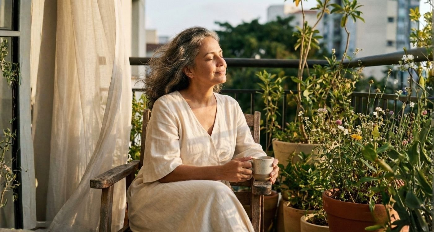 mulher no climatério em momento de contemplação e serenidade, iluminada por luz natural suave, simbolizando respeito, autonomia e reconexão no Dia da Mulher