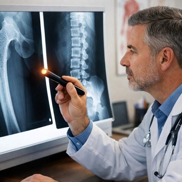 Médico em consultório analisa dois raios X em um transiluminador, sendo um de fêmur com sinais de osteopenia e outro da coluna vertebral, ilustrando o tema osteopenia na menopausa e avaliação da saúde óssea.