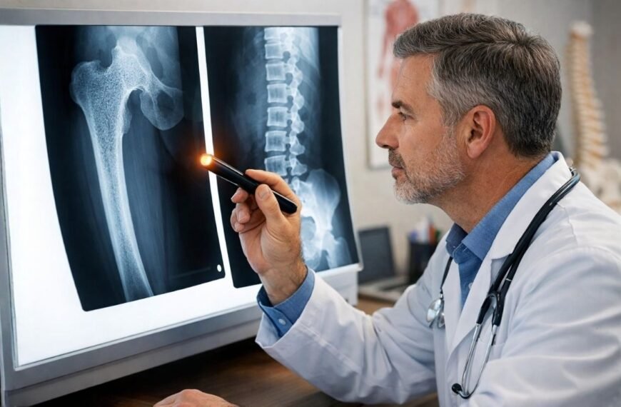 Médico em consultório analisa dois raios X em um transiluminador, sendo um de fêmur com sinais de osteopenia e outro da coluna vertebral, ilustrando o tema osteopenia na menopausa e avaliação da saúde óssea.