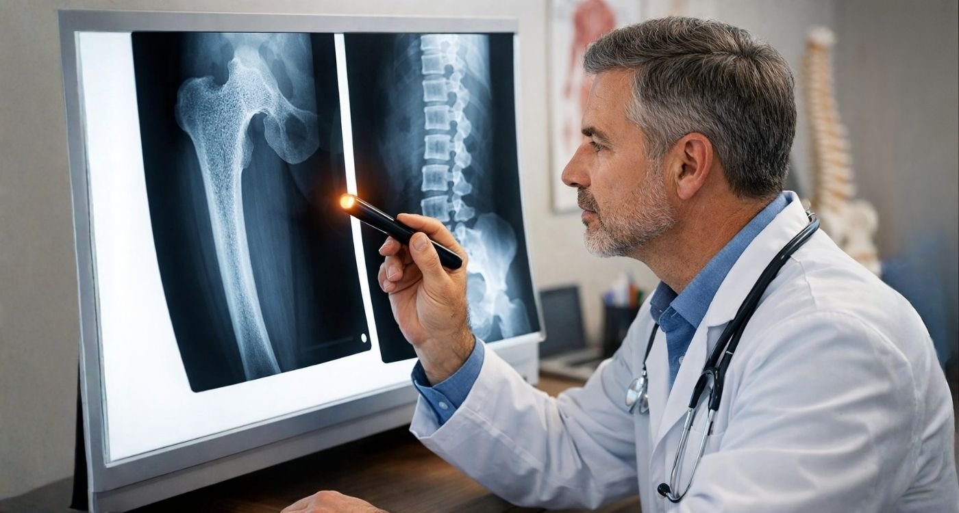 Médico em consultório analisa dois raios X em um transiluminador, sendo um de fêmur com sinais de osteopenia e outro da coluna vertebral, ilustrando o tema osteopenia na menopausa e avaliação da saúde óssea.