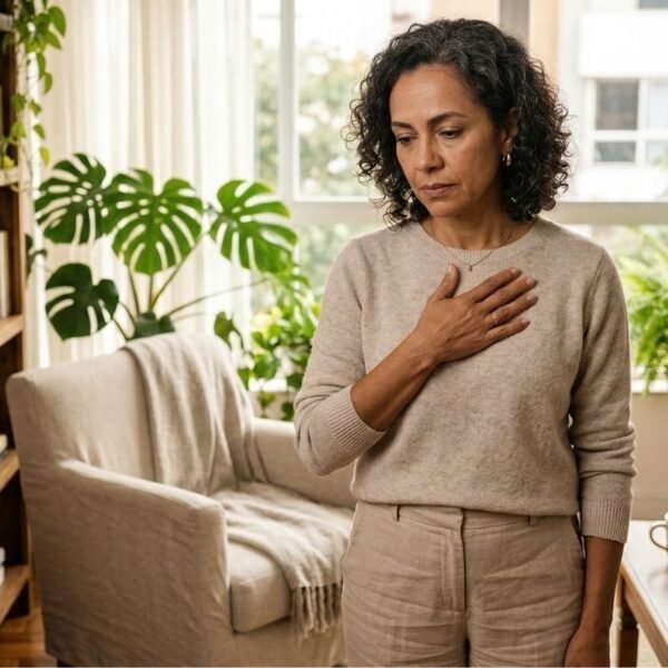 Mulher 45+ com expressão atenta, mão sobre o peito, representando palpitações na menopausa em contexto cotidiano realista.