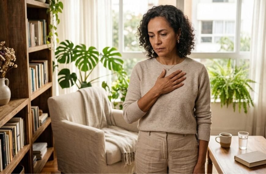 Mulher 45+ com expressão atenta, mão sobre o peito, representando palpitações na menopausa em contexto cotidiano realista.