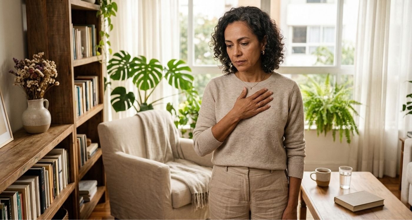 Mulher 45+ com expressão atenta, mão sobre o peito, representando palpitações na menopausa em contexto cotidiano realista.