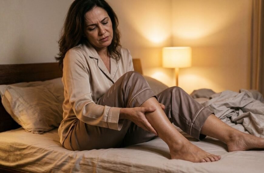 Mulher no climatério sentada na beira da cama massageando as pernas antes de dormir, ilustrando pernas inquietas na menopausa
