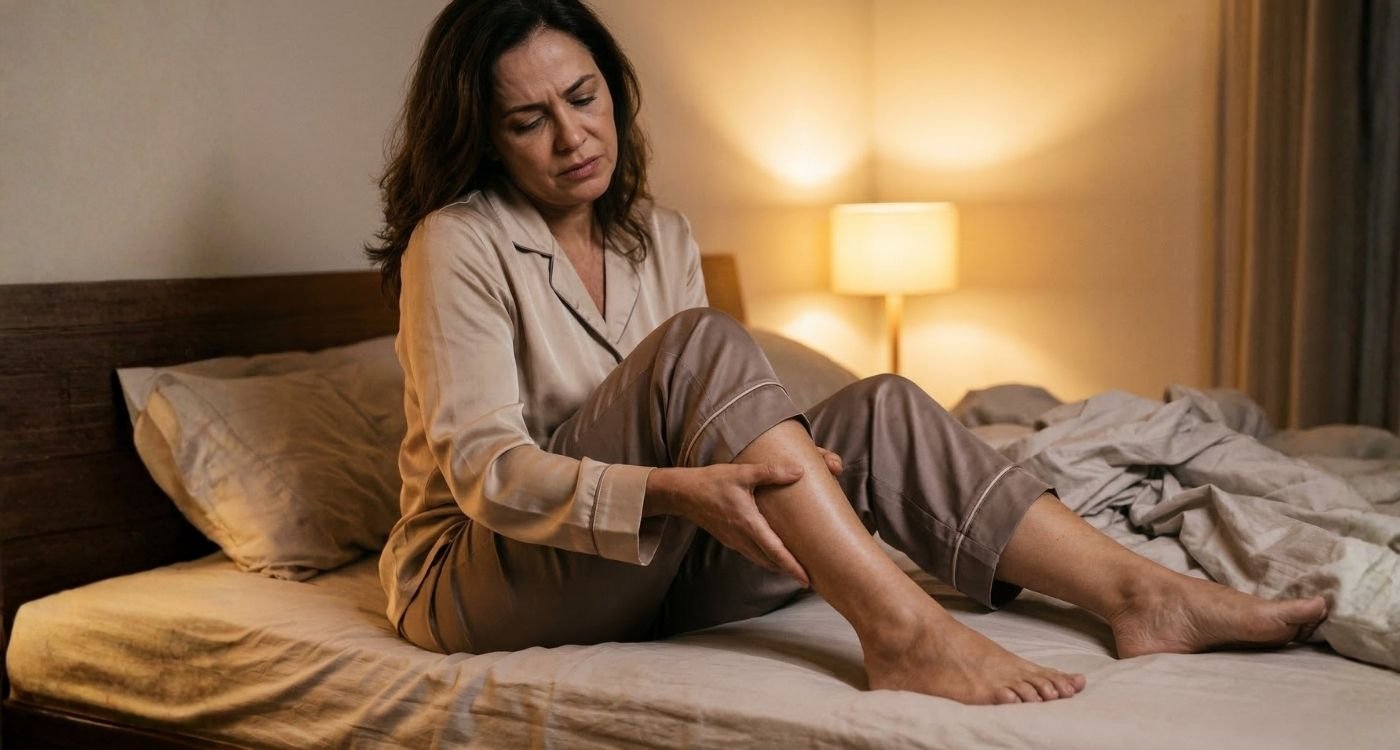 Mulher no climatério sentada na beira da cama massageando as pernas antes de dormir, ilustrando pernas inquietas na menopausa