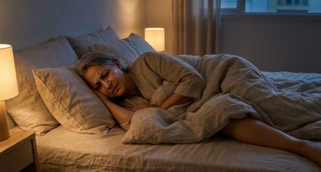 mulher madura deitada na cama, em um ambiente noturno iluminado pela luz de um abajur, com cara de desconforto, e uma perna para fora das cobertas devido às pernas inquetas na menopausa. 