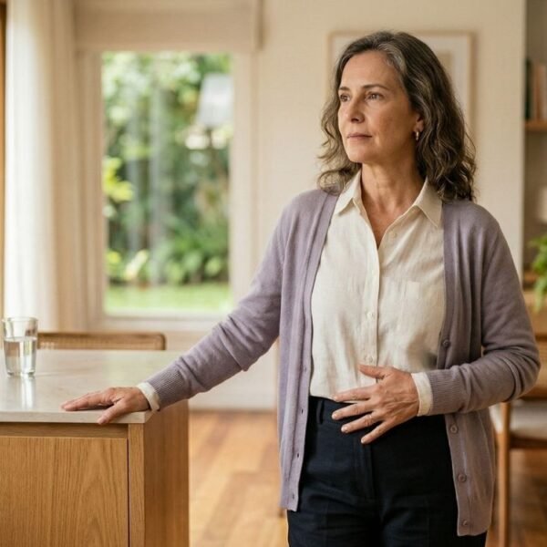 Mulher 50+ em casa, com expressão serena e mão no baixo ventre, representando prolapso na menopausa.