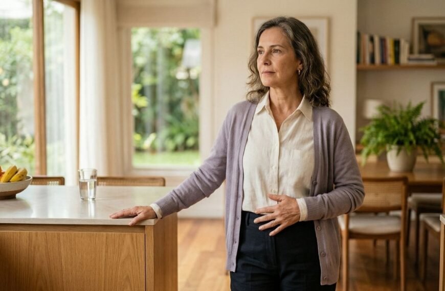 Mulher 50+ em casa, com expressão serena e mão no baixo ventre, representando prolapso na menopausa.