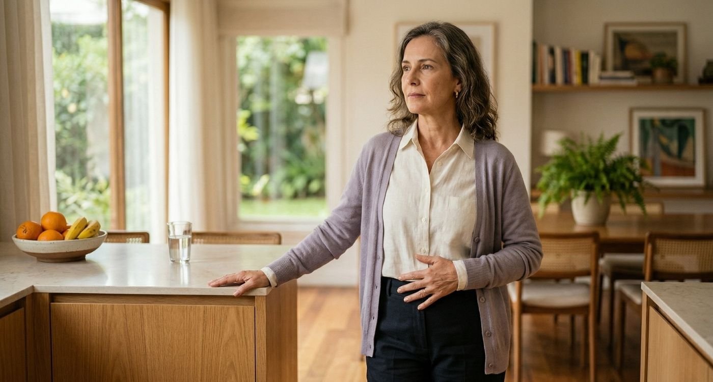 Mulher 50+ em casa, com expressão serena e mão no baixo ventre, representando prolapso na menopausa.