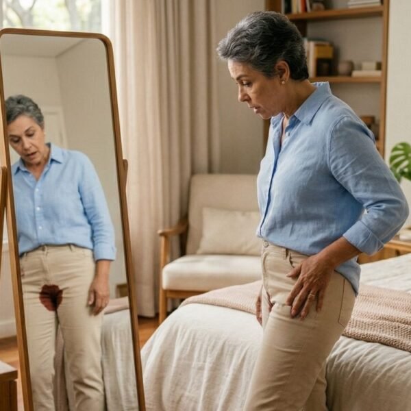 Mulher 50+ em pé, assustada após notar sangramento na menopausa, olhando no espelho em seu quarto