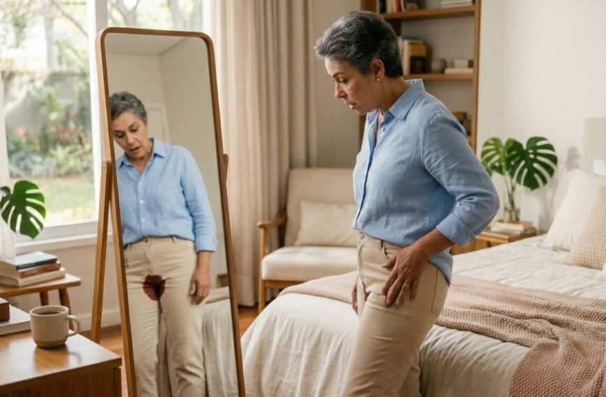 Mulher 50+ em pé, assustada após notar sangramento na menopausa, olhando no espelho em seu quarto